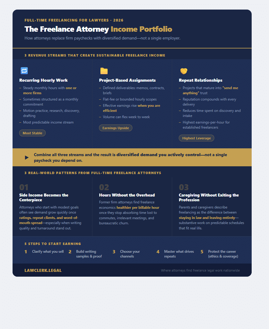 Infographic: Freelance Attorney Income Portfolio — three revenue streams (recurring hourly, project-based, repeat relationships), three real-world patterns from full-time freelance attorneys, and 5 steps to start earning