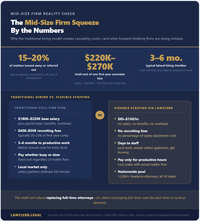 Infographic: The Mid-Size Firm Squeeze by the Numbers — 15–20% of matters turned away due to capacity, $220K–$270K total cost of one first-year associate, 3–6 month lateral hiring timeline; traditional full-time hire vs. flexible staffing via LAWCLERK
