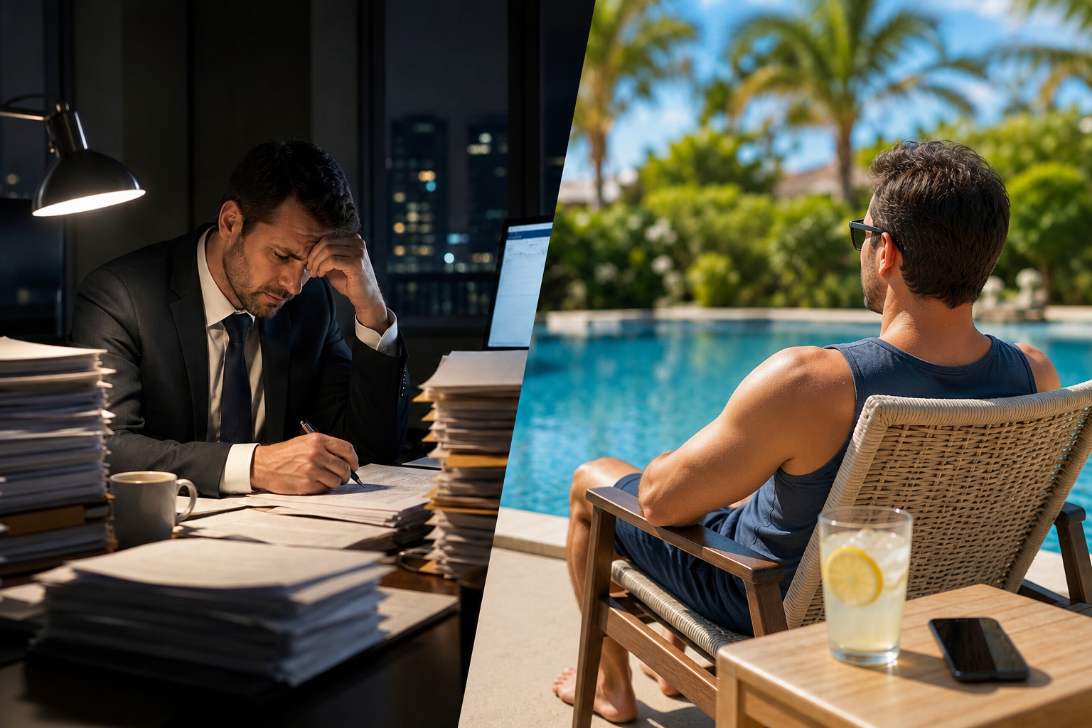 Attorney transitioning from stressed desk work to relaxing poolside after delegating with LAWCLERK