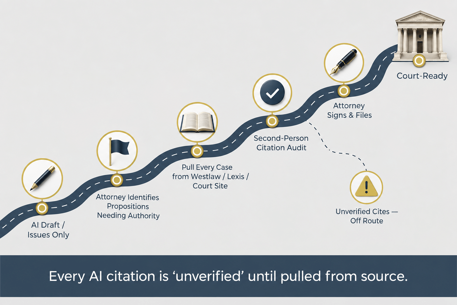 Infographic showing the verification route from AI draft to court-ready filing