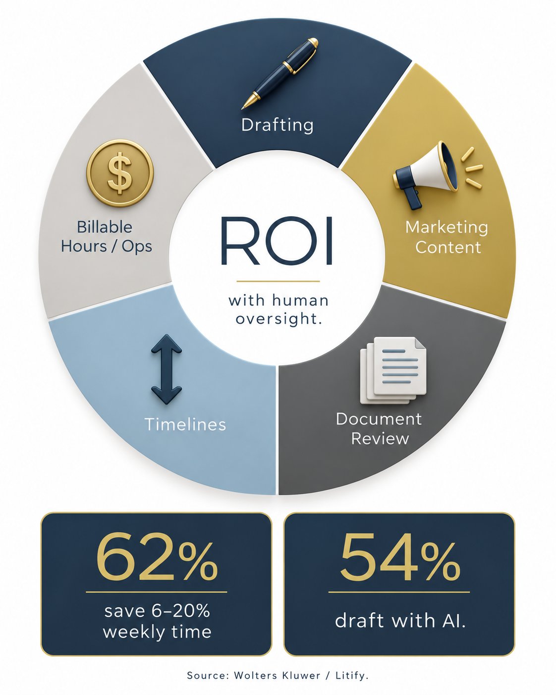 Infographic showing ROI from AI workflows in law firms - drafting, marketing, document review, timelines, billable hours